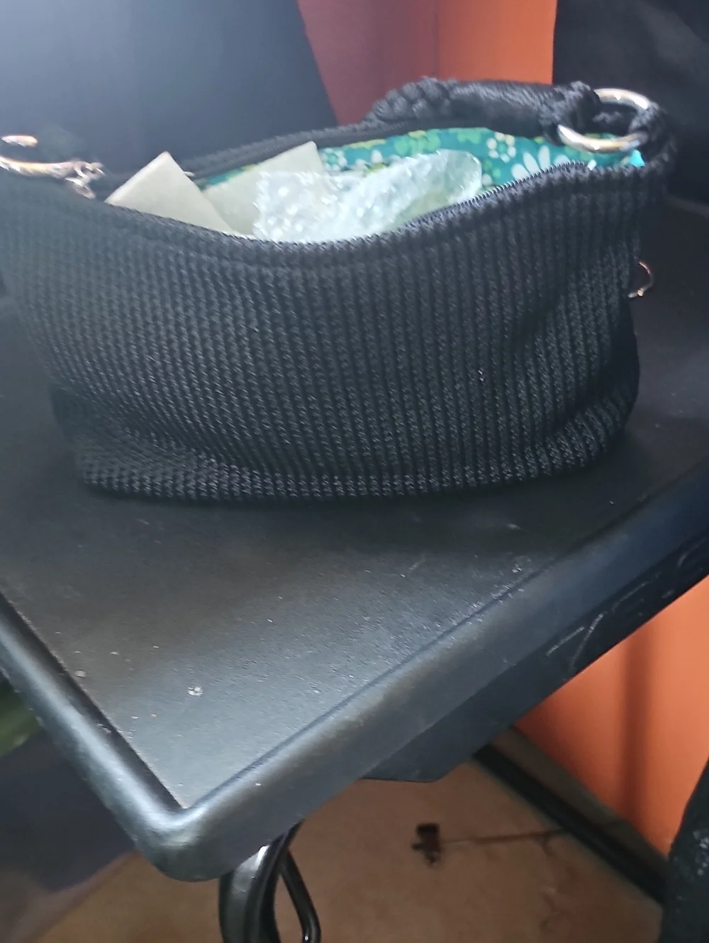 Lina Black Woven Mini Bag with Teal Floral Lining